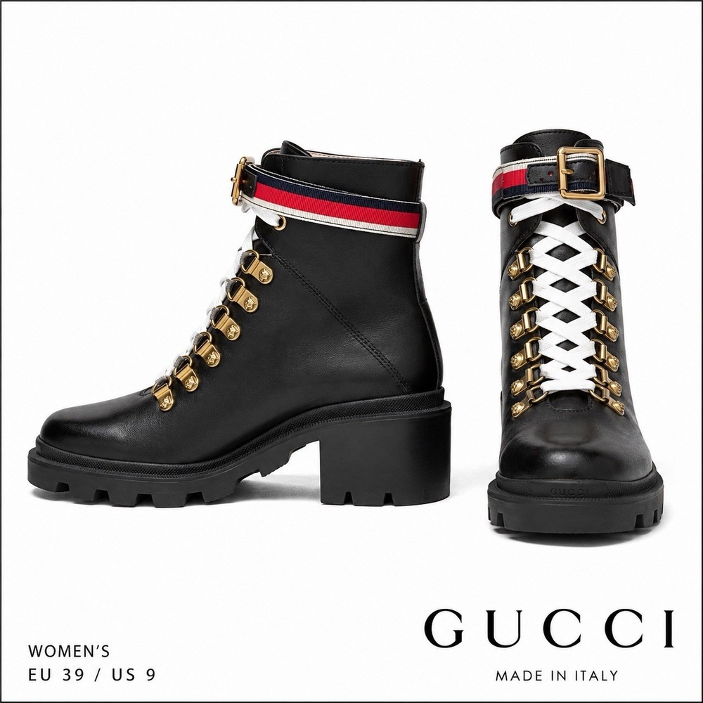 Gucci Leather Lace Up Combat Hiking Boots Black Web Strap Women's EU 39 US 9